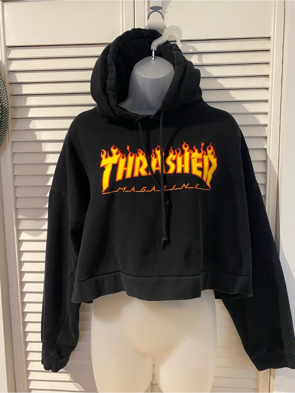 Thrasher Black Cropped Flame Logo Hoodie